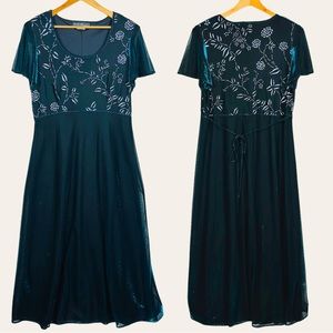 Vintage 90s Metallic Floral Print Flutter Sleeve Fairycore Prom Maxi Dress Blue